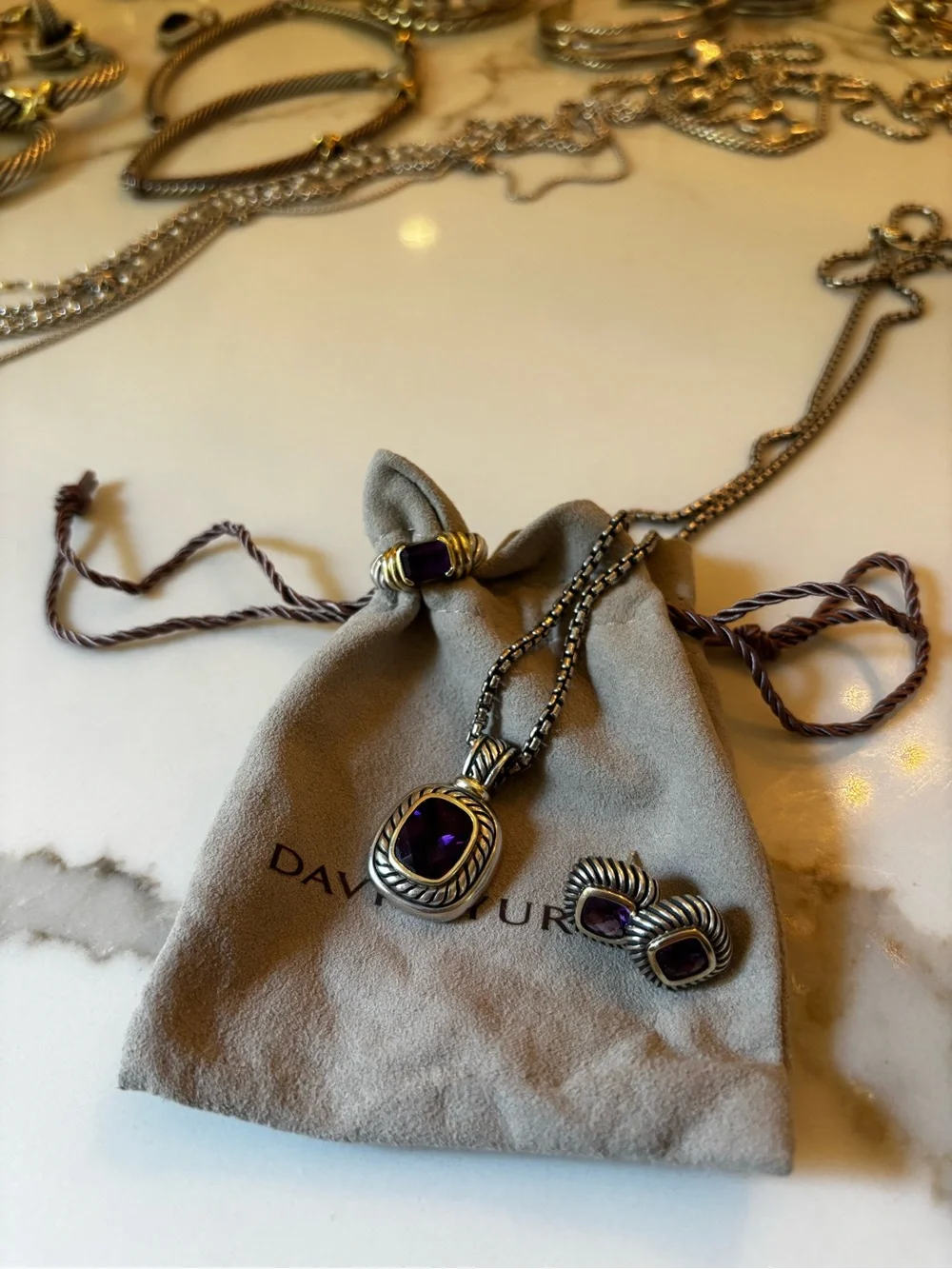 David Yurman Silver Box Chain Necklace w Purple Amethyst Stone Pendant Enhancer